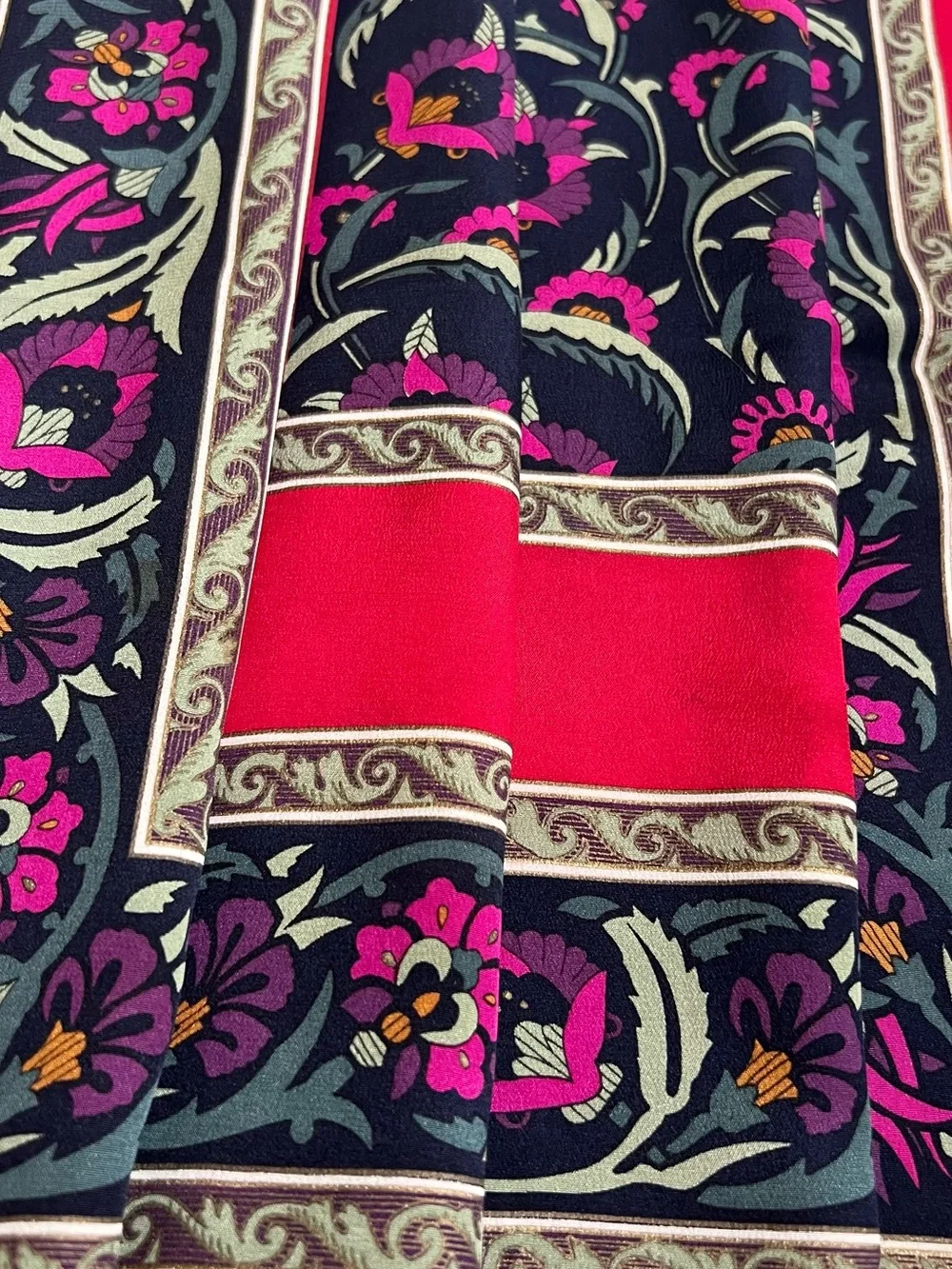 Yves Saint Laurent Vintage Silk Scarf Floral Print Square Shawl Red Pink Navy